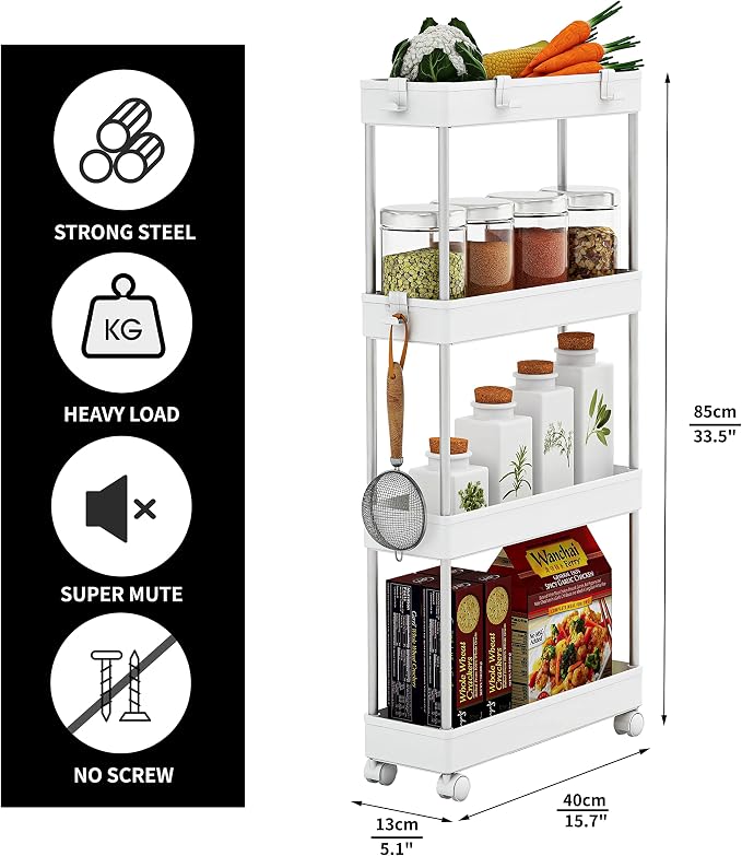 4 Tier Slim Storage Cart Mobile Shelving Unit Organizer Slide Out Storage - Image 3