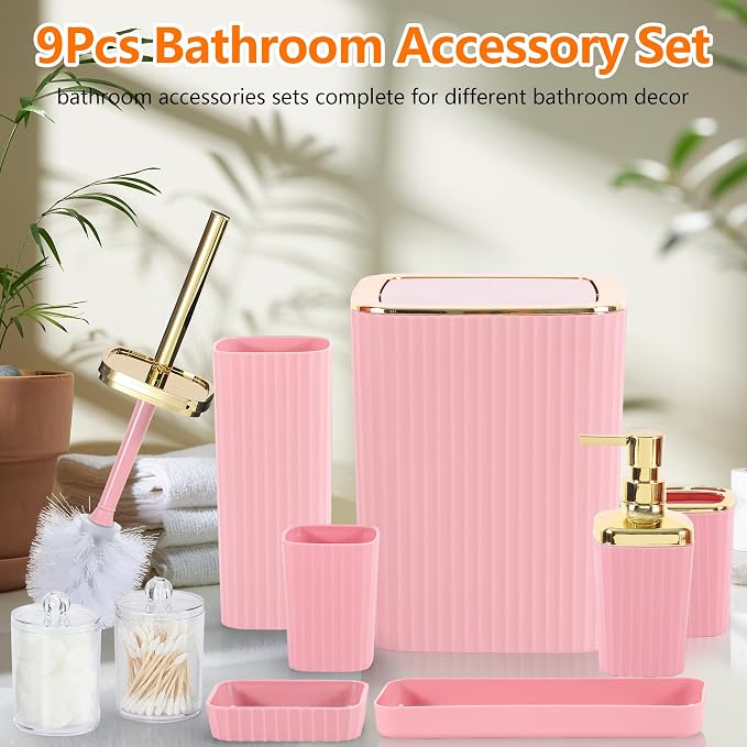 Bathroom Accessory Set, 9 Pieces Pink Bathroom Accessories Set - Image 2