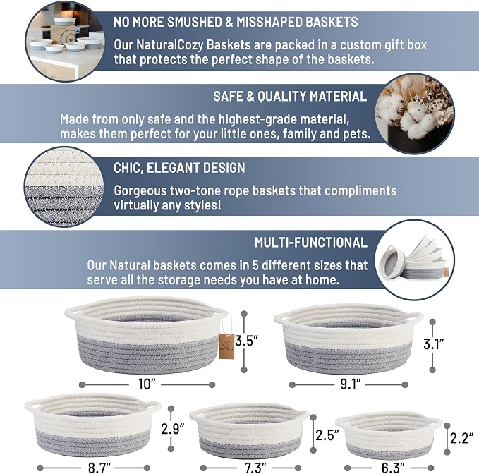 NaturalCozy 5-Piece Round Small Woven Baskets Set– Cotton Rope Baskets - Image 2