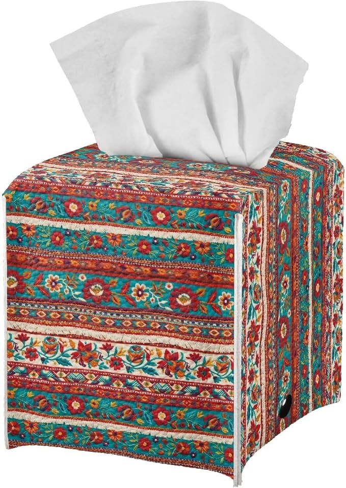 Brown Aztec Tissue Box Holder Waterproof PU Leather Square Modern Tissue Box - Image 2