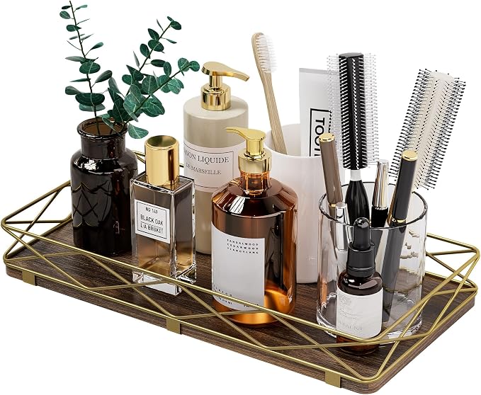 Toilet Paper Basket Holder, Wood and Metal Toilet Tray Vanity Organizer - Image 9
