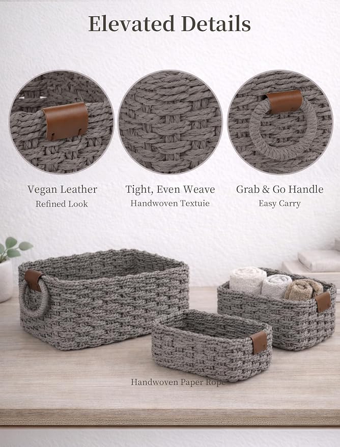 Storage Basket, Recycled Paper Rope Bathroom Basket Organizer, Mini wicker - Image 4