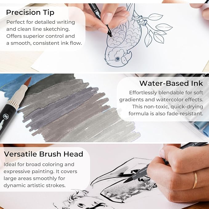 Gray Duo Tip Marker Pens, 12 Pack Fine & Brush Markers - Image 3