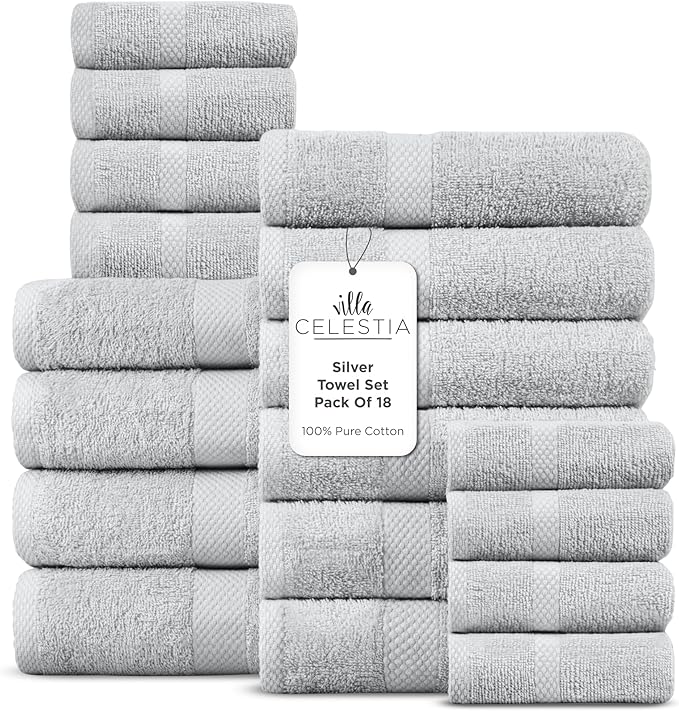 100% Cotton Bath Towel Set of 18-4 Bath Towels, 6 Hand Towels, 8 Wash Cloths by VillaCelestia