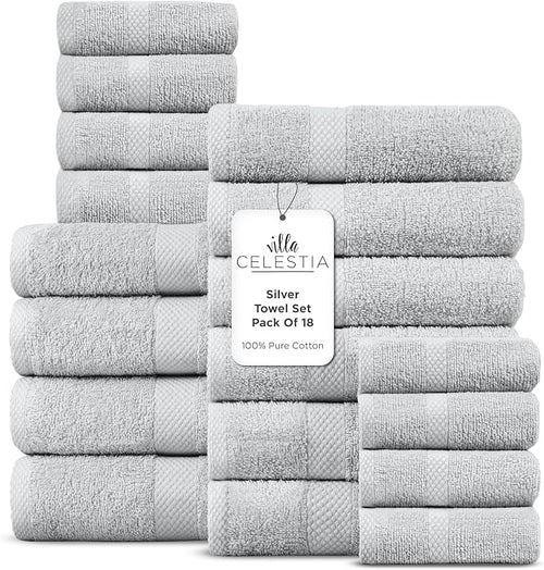 100% Cotton Bath Towel Set of 18-4 Bath Towels, 6 Hand Towels, 8 Wash Cloths by VillaCelestia