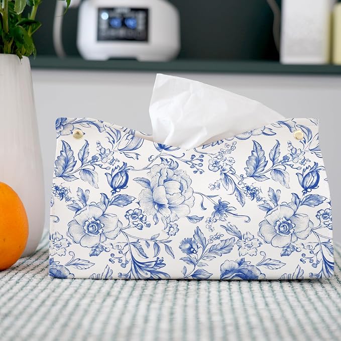 Blue Chinoiserie Tissue Box Cover Rectangle, PU Leather Decorative Facial Paper - Image 2