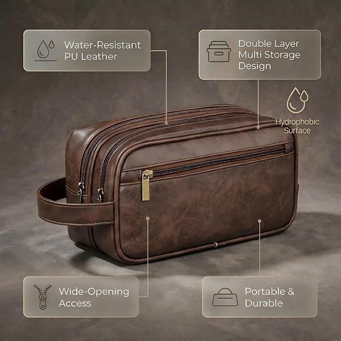 Men’s Toiletry Bag Travel Dopp Kit–double-deck PU Leather Water-Resistant - Image 2
