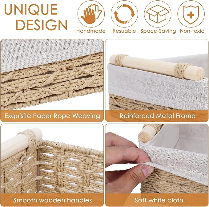 Wicker Storage Basket with Wooden Handle – Paper Rope Decorative Toilet Paper - Image 3