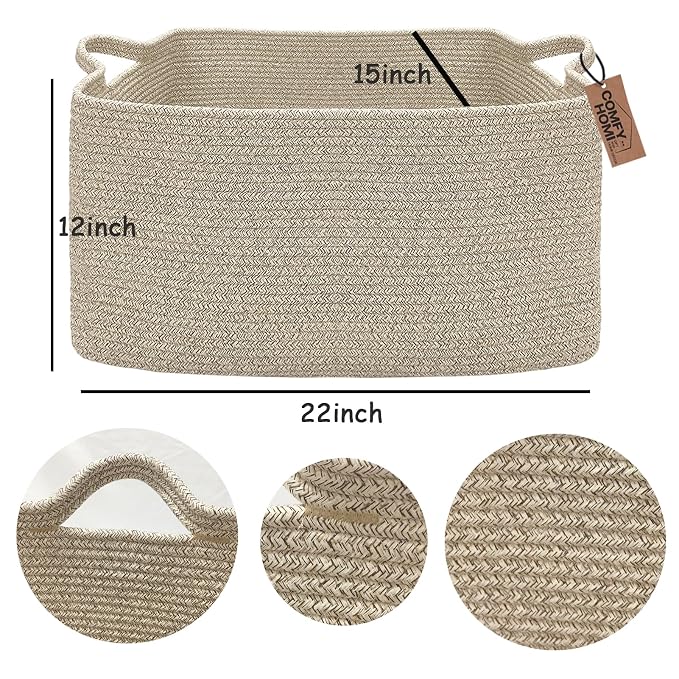 COMFY-HOMI Large Rectangular Blanket Basket, Woven Cotton Rope Baskets - Image 4