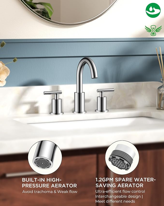 FORIOUS Chrome Bathroom Faucet 3 Hole, 8 Inch Widespread Bathroom Sink Faucet - Image 2