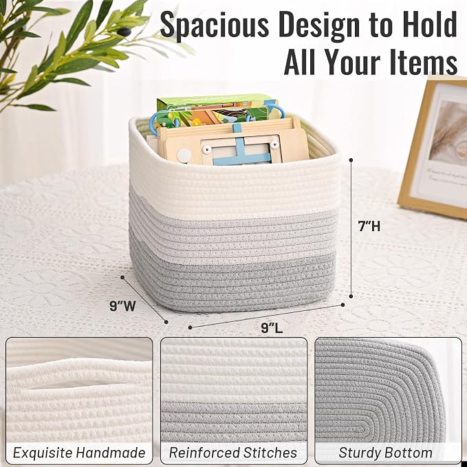 3 Pack Cube Storage Bin, 9”x9”x7” Cotton Rope Woven Baskets - Image 4