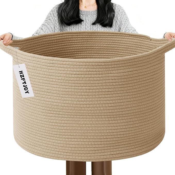 65L Large Blanket Basket, 19.7" L x 19.7" W x 13" H Rope Woven Baskets by HZFTJOY