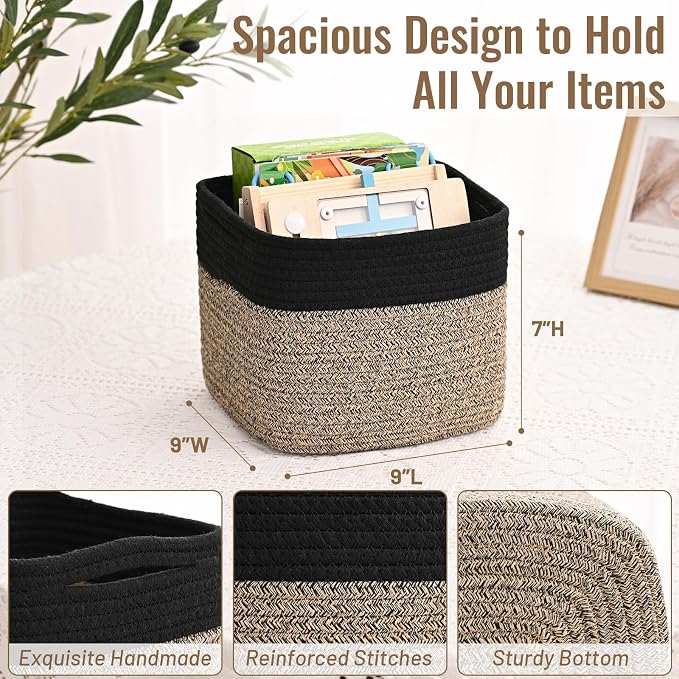 3 Pack Cube Storage Bin, 9”x9”x7” Cotton Rope Woven Baskets - Image 4