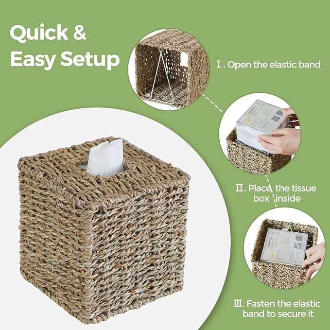 Seagrass Tissue Box Cover, Wicker Tissue Box Holder Square, Hand Woven Cube - Image 5