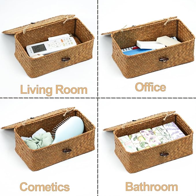 Wicker Storage Basket with Lid, Natural Seagrass Storage Baskets - Image 3