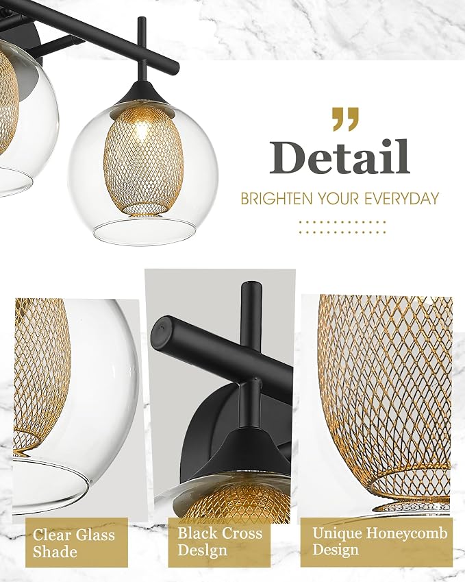 Bathroom Light Fixtures, 4-Light Black and Gold Vanity Lights Over Mirror - Image 3
