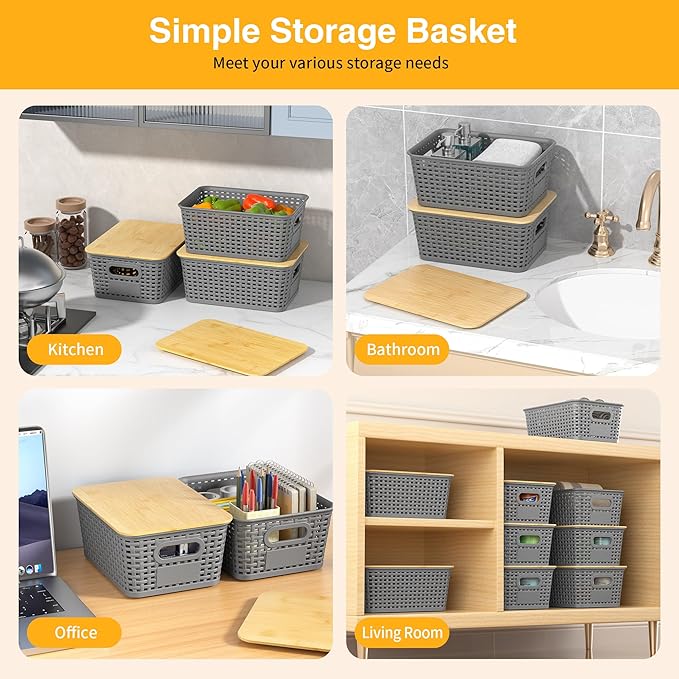 Plastic Storage Baskets with Bamboo Lids and Labels, Stackable Storage - Image 4