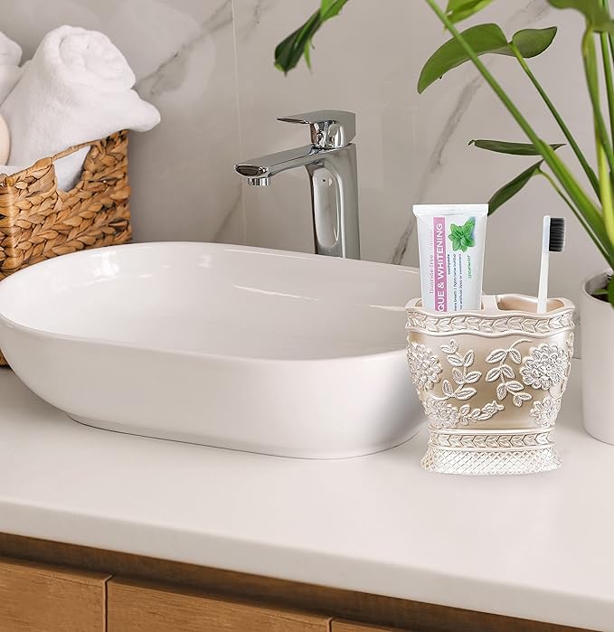 Zahari Home 4pc Rose Vine Bathroom Accessories Sets Lotion Pump, Tooth Brush - Image 4