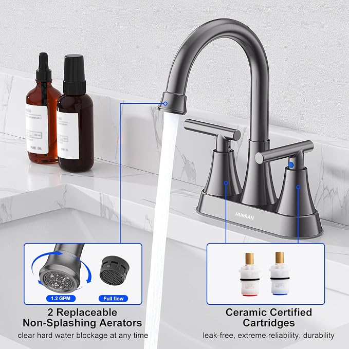 Bathroom Faucets for Sink 3 Hole, Hurran 4 inch Brushed Grey Bathroom Sink - Image 4