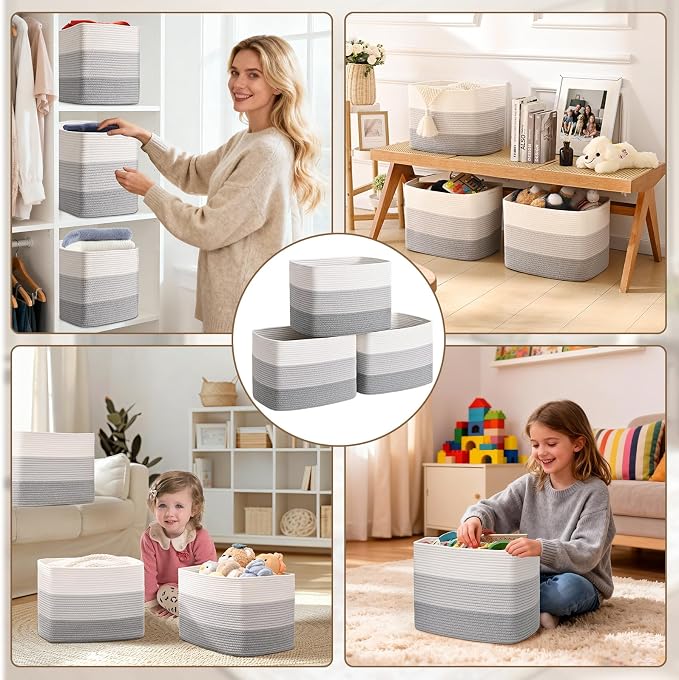 3 Pack Cube Storage Bin, 17”x12”x12” Cotton Rope Woven Baskets - Image 7