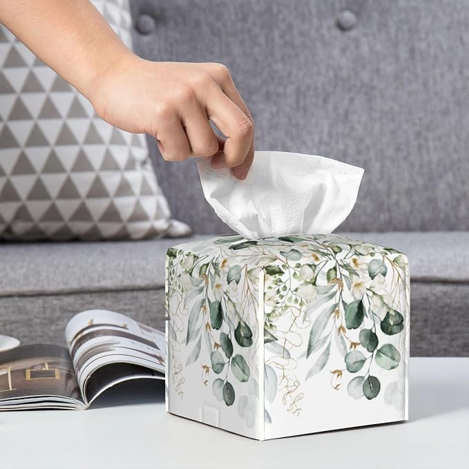 Eucalyptus Leaves and Flowers Tissue Box Cover Square, Watercolor Green Leaves - Image 6