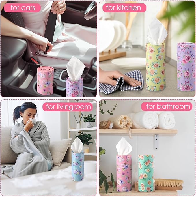 Outus 12 Pcs Spring Floral Car Tissues Cylinder Holder Flowers Round Tissue Box - Image 5