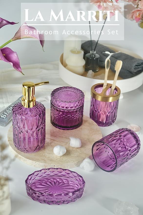 Purple Bathroom Accessories Set, Soap Dispenser, Toothbrush Holder Set - Image 2