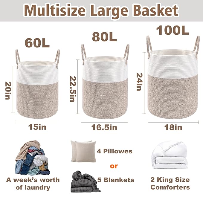 Large Woven Laundry Basket Hamper, 80L Cotton Rope Storage Bin - Image 3