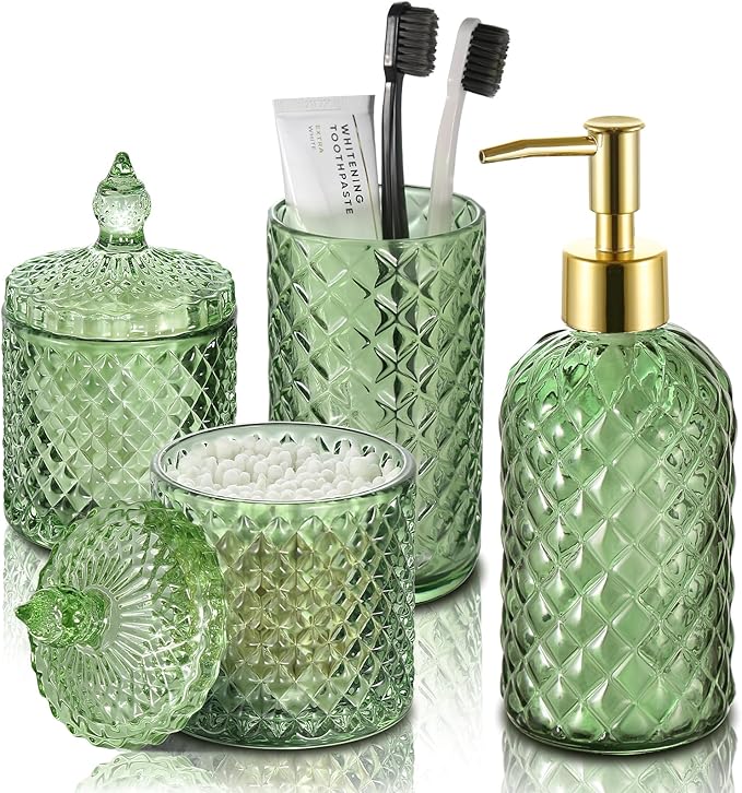 Green Bathroom Accessories Set, 4 Pack Olive Green Bathroom Decor Accessory by RYTOXILOBrightenUpYourHome