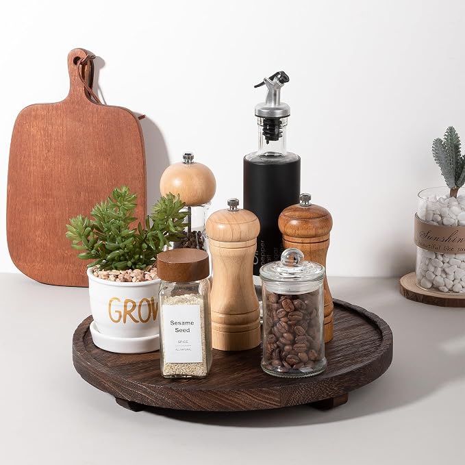 Round Decorative Tray Wood Bathroom Counter Organizer Farmhouse Kitchen Decor - Image 2