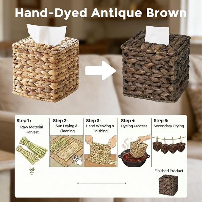 Tissue Box Cover, Square Wicker Tissue Box Holder Facial Tissues Boxes - Image 6