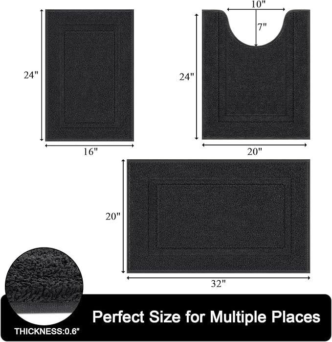 SHACOS Black Bathroom Rugs Sets 3 Piece, Soft Fluffy Water Absorbent Bath Rugs - Image 3