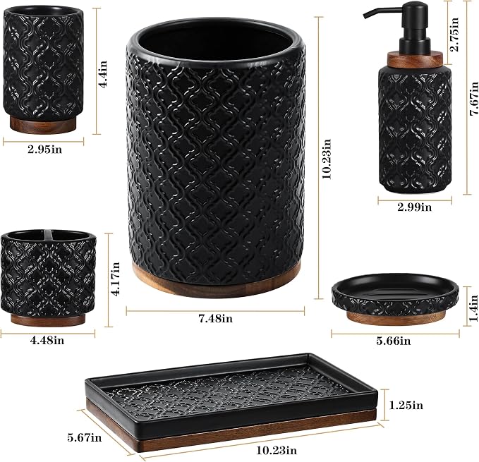 Elegant Bathroom Accessories Set 6 PCS Ceramic and Wood Bathroom Accessory Set - Image 7