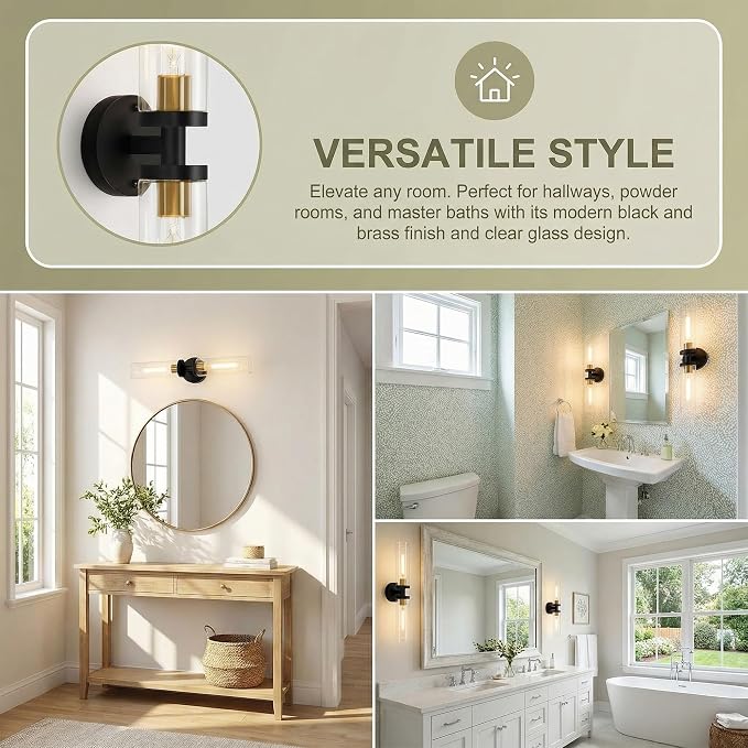 Black and Gold Wall Sconces Set of 2, Hardwired Bathroom Light Fixtures - Image 5