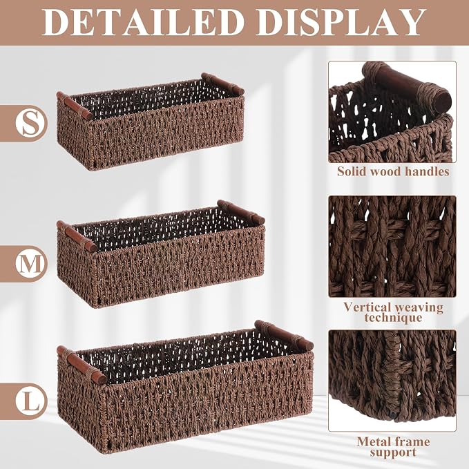 Boao 3 Pcs Boho Storage Wicker Baskets Handmade Woven Decorative Paper Rope - Image 3