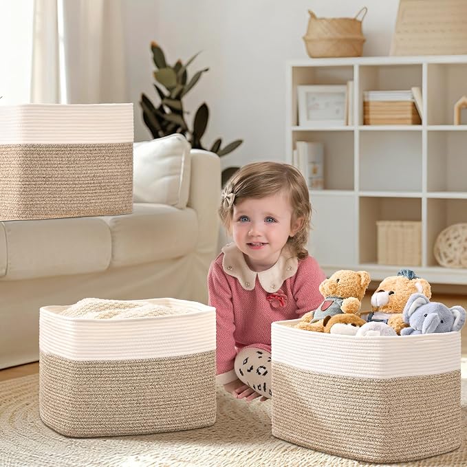 3 Pack Cube Storage Bin, 17”x12”x12” Cotton Rope Woven Baskets - Image 2