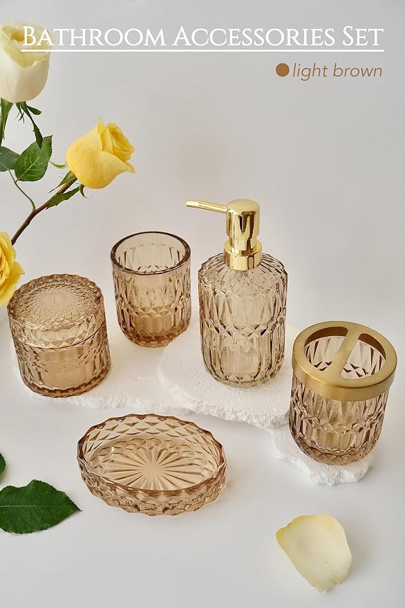 Brown Bathroom Accessories Set, Lotion Soap Dispenser, Toothbrush Holder Set - Image 2