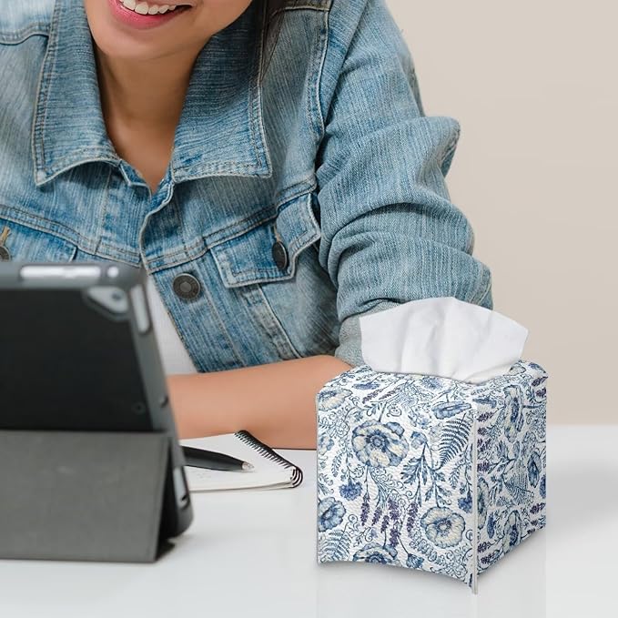 Blue Flowers Tissue Box Holder Square PU Leather Tissue Organizer Case - Image 6
