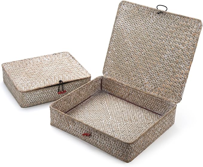 Whitewash Seagrass Basket with Lid Rectangular Decorative Storage Boxes - Image 6