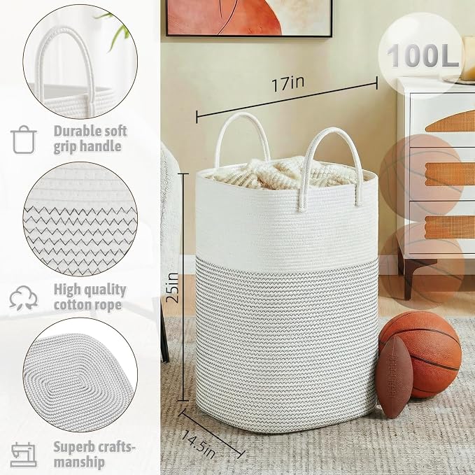 Laundry Basket, Woven Cotton Rope Laundry Hamper, Versatile Storage - Image 2