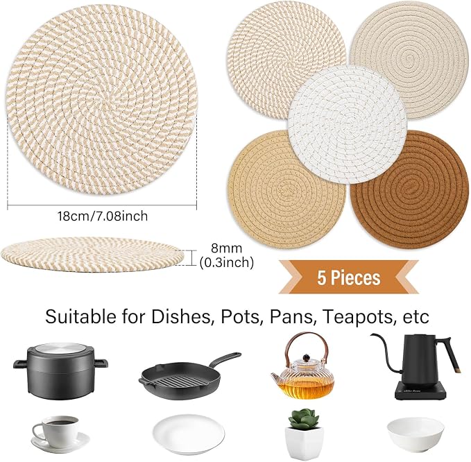 Trivet Mats Set for Hot Dishes, 5 Heat Resistant Pot Holders for Kitchen - Image 2