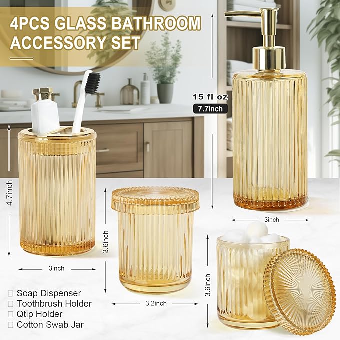 Gold Bathroom Accessories 4 Pcs, Qtip Holder Set, Glass Bathroom Soap Dispenser - Image 2