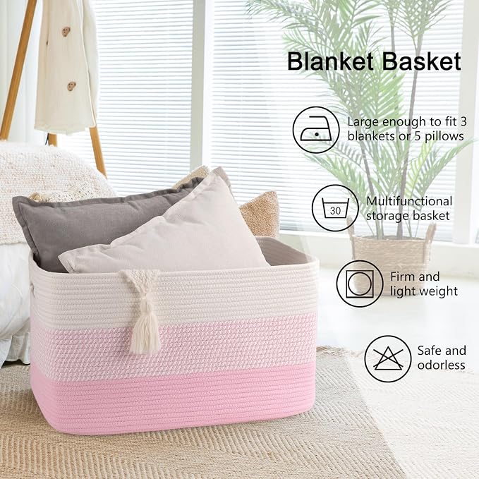 OIAHOMY Large Blanket Basket, 22”x17”x12” Rectangle Woven Baskets, Nursery - Image 6