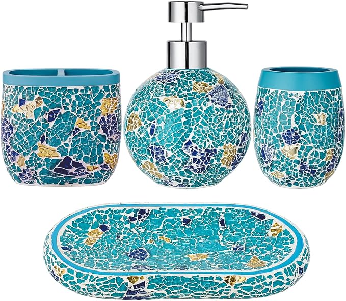 Handmade Blue Mosaic Glass Bathroom Accessory Sets 4PCS Bathroom Accessories by Unknown