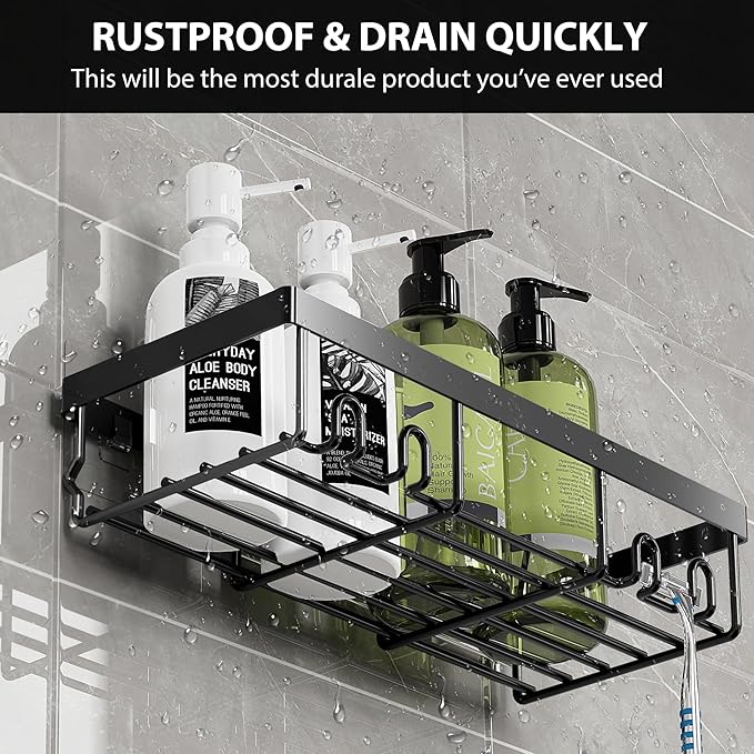 Moforoco Large Shower Caddy Shelf Organizer Rack, Self Adhesive Black Bathroom - Image 4