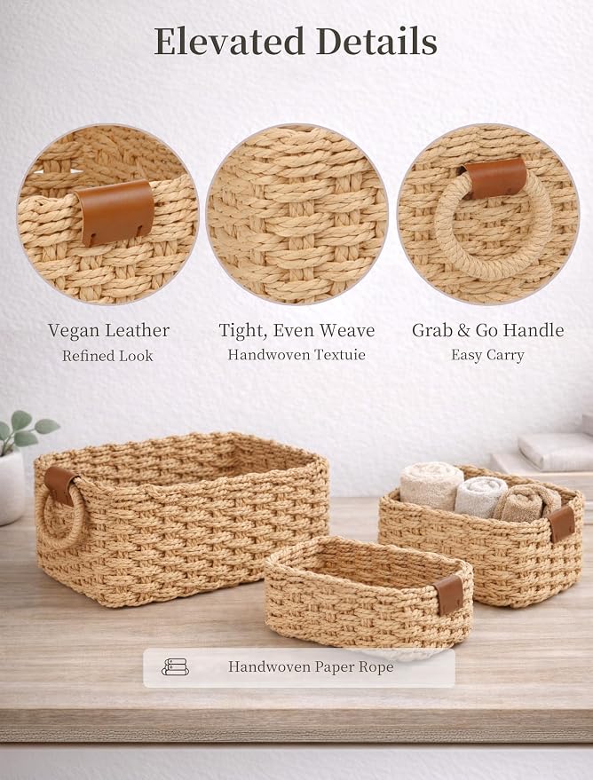 Storage Basket, Recycled Paper Rope Bathroom Basket Organizer, Mini wicker - Image 4
