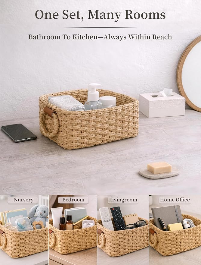 Storage Basket, Recycled Paper Rope Basket Organizer, Mini wicker Basket - Image 6