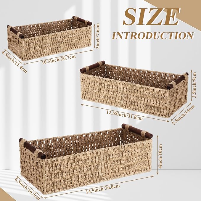 Boao 3 Pcs Boho Storage Wicker Baskets Handmade Woven Decorative Paper Rope - Image 2