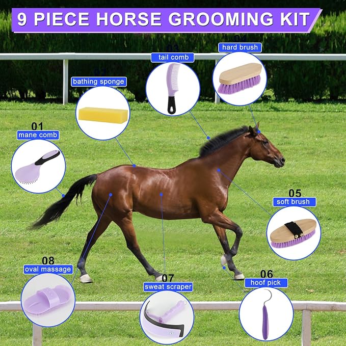 9 Pieces Grooming Kit with Tote Bag, Sweat Scraper, Hoof Pick, Curry Comb - Image 3