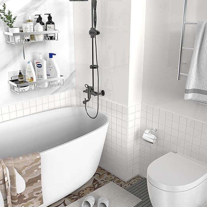 Moforoco Shower Caddy Shelf Organizer Rack, Self Adhesive Black Bathroom - Image 7